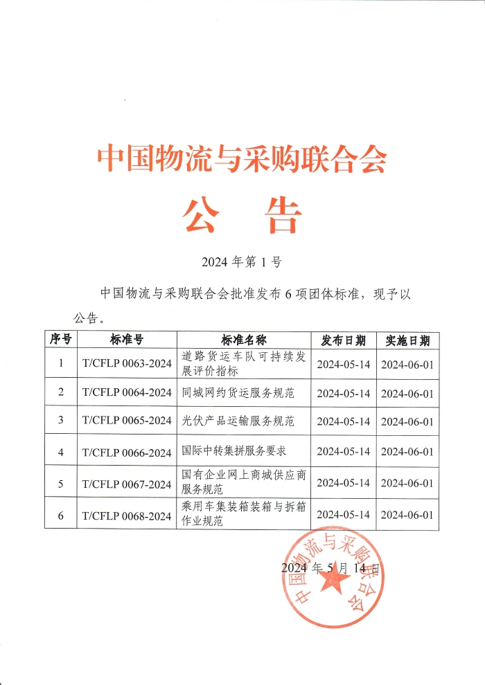 2024年第1號(hào)中物聯(lián)公告 《道路貨運(yùn)車隊(duì)可持續(xù)發(fā)展評(píng)價(jià)指標(biāo)》等團(tuán)體標(biāo)準(zhǔn)發(fā)布